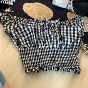 plaid cropped shirt off the shoulder